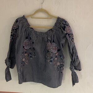 American Eagle Outfitters Off Shoulder Floral Embroidered Blouse, S, Blue/WHT
